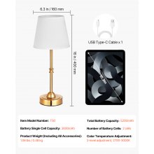 Cordless Table Lamp 5200mAh Rechargeable Battery Desk Lamp Fabric Shade Gold