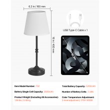 Cordless Table Lamp 5200mAh Rechargeable Battery Desk Lamp Fabric Shade Black