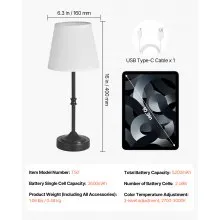 Cordless Table Lamp 5200mAh Rechargeable Battery Desk Lamp Fabric Shade Black