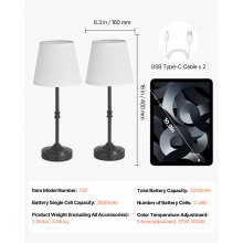 Cordless Table Lamp 2 Pack Rechargeable Battery Desk Lamp Fabric Shade Black