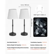 Cordless Table Lamp 2 Pack Rechargeable Battery Desk Lamp Fabric Shade Black