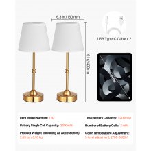 Cordless Table Lamp 2 Pack Rechargeable Battery Desk Lamp Fabric Shade Gold