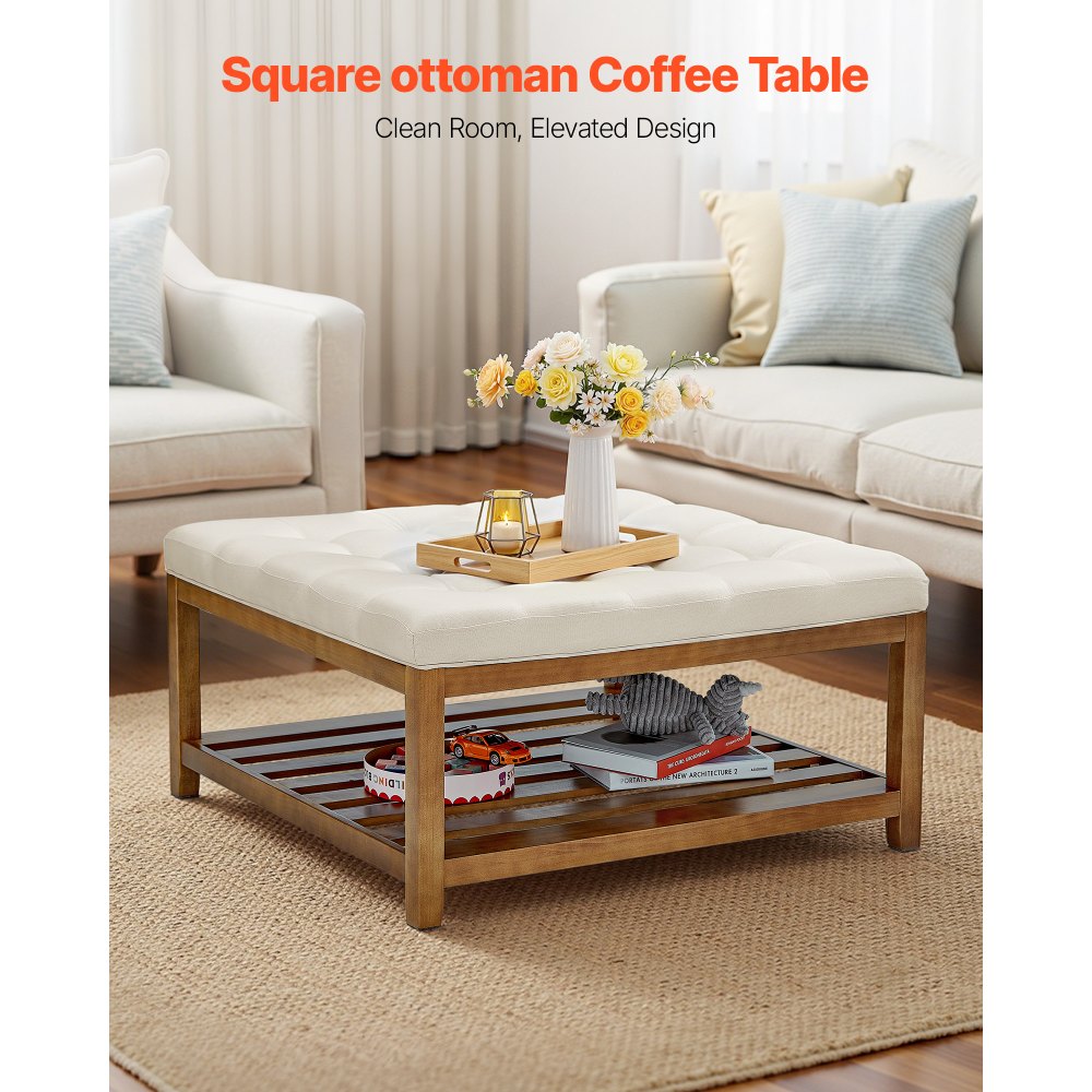 VEVOR Large Square Ottoman Coffee Table, 87.5 cm Tufted Coffee Table with Solid Wood Shelf Storage, Linen Solid Upholstered Footrest Ottoman for Bedroom Living Room, 400 LBS, Off-White