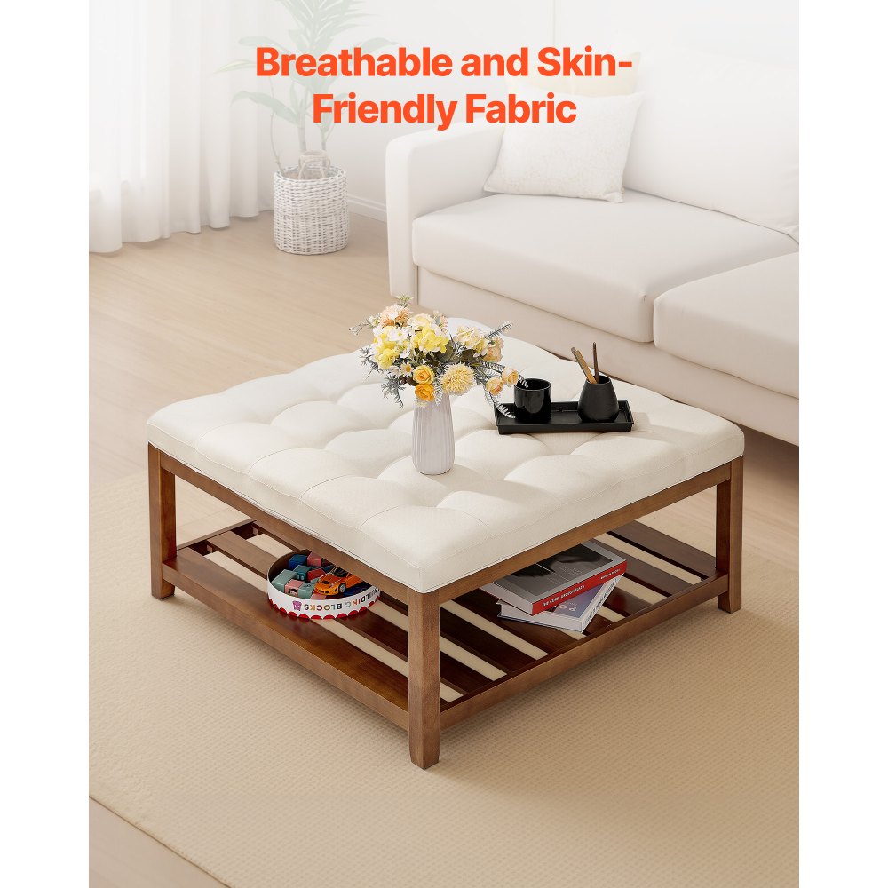 VEVOR Large Square Ottoman Coffee Table, 87.5 cm Tufted Coffee Table with Solid Wood Shelf Storage, Linen Solid Upholstered Footrest Ottoman for Bedroom Living Room, 400 LBS, Off-White
