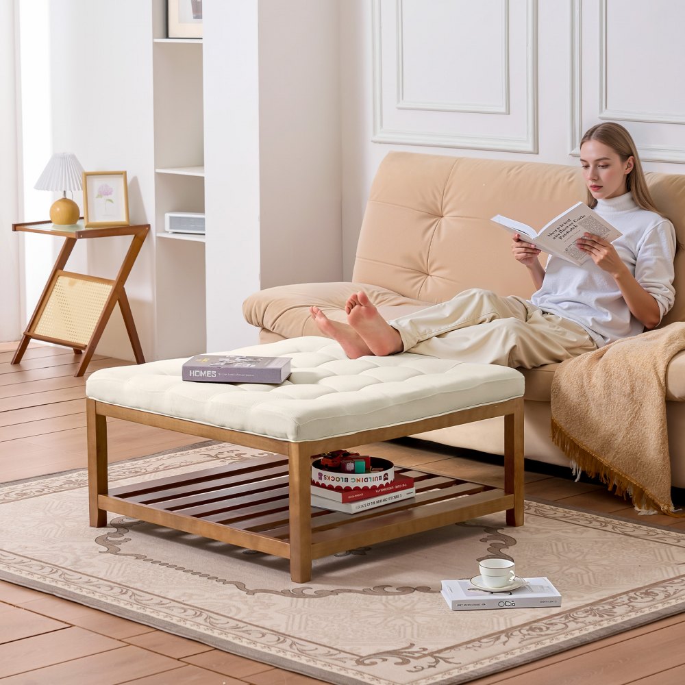 VEVOR Large Square Ottoman Coffee Table, 87.5 cm Tufted Coffee Table with Solid Wood Shelf Storage, Linen Solid Upholstered Footrest Ottoman for Bedroom Living Room, 400 LBS, Off-White