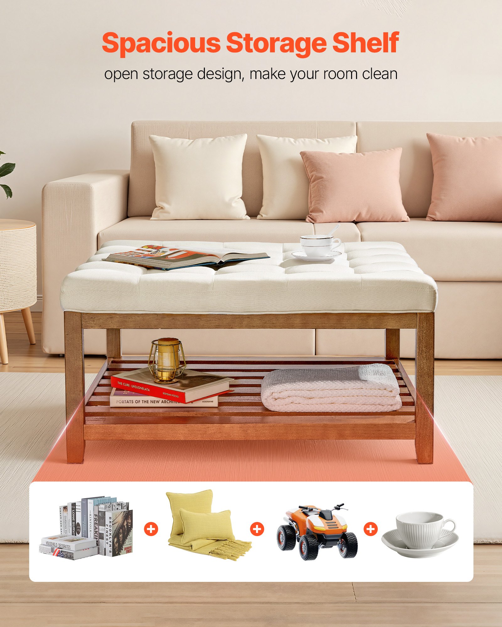 VEVOR Large Square Ottoman Coffee Table, 87.5 cm Tufted Coffee Table with Solid Wood Shelf Storage, Linen Solid Upholstered Footrest Ottoman for Bedroom Living Room, 400 LBS, Off-White