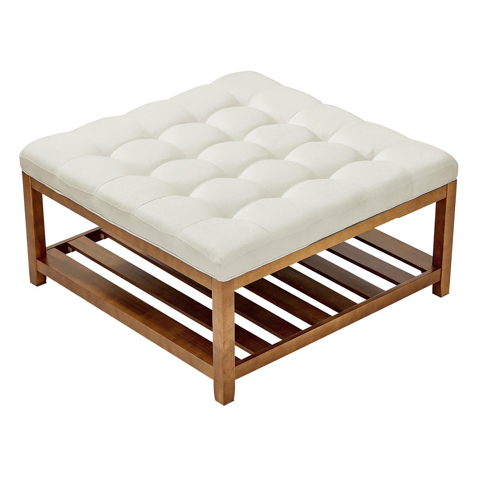 VEVOR Large Square Ottoman Coffee Table, 87.5 cm Tufted Coffee Table with Solid Wood Shelf Storage, Linen Solid Upholstered Footrest Ottoman for Bedroom Living Room, 400 LBS, Off-White