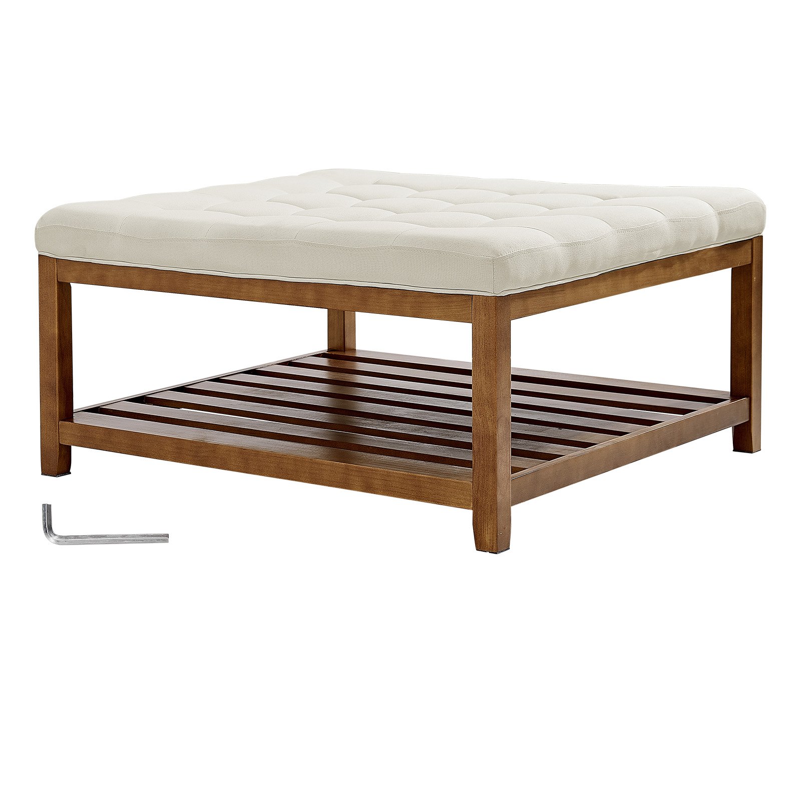 VEVOR Large Square Ottoman Coffee Table, 87.5 cm Tufted Coffee Table with Solid Wood Shelf Storage, Linen Solid Upholstered Footrest Ottoman for Bedroom Living Room, 400 LBS, Off-White
