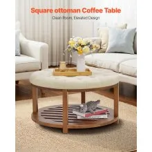 VEVOR Large Round Ottoman Coffee Table, 31.9 Inch Tufted Coffee Table with Solid Wood Shelf Storage, Linen Solid Upholstered Footrest Ottoman for Bedroom Living Room, 350 LBS, Linen Color