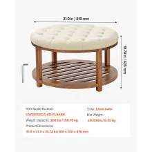VEVOR Large Round Ottoman Coffee Table, 31.9 Inch Tufted Coffee Table with Solid Wood Shelf Storage, Linen Solid Upholstered Footrest Ottoman for Bedroom Living Room, 350 LBS, Linen Color