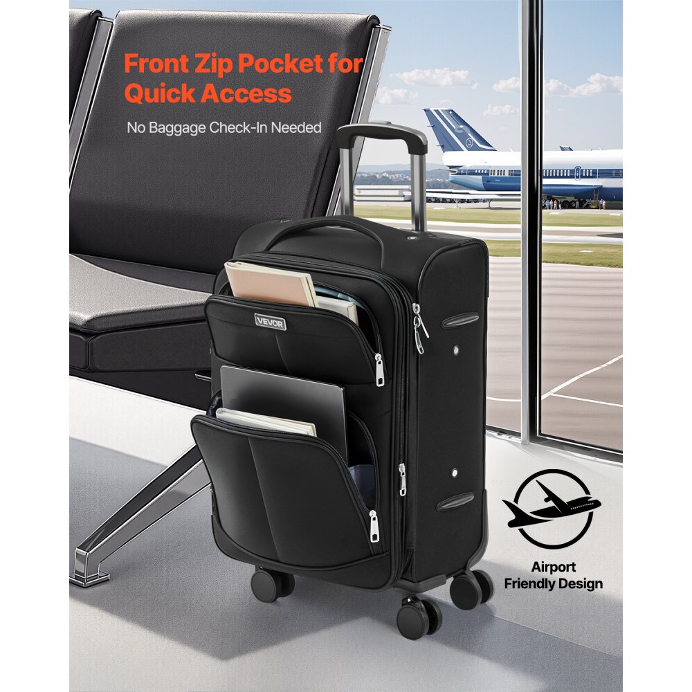 VEVOR Softside Expandable Luggage with Spinner Wheels, 50.8 cm Softside Carry on Luggage, Lightweight Checked Suitcase with Expandable Zippered Pocket and TSA Lock, Black