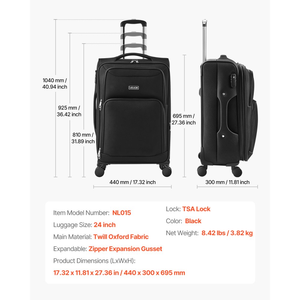 VEVOR Softside Expandable Luggage with Spinner Wheels, 61 cm Softside Checked Medium Luggage, Lightweight Checked Suitcase with Expandable Zippered Pocket and TSA Lock, Black
