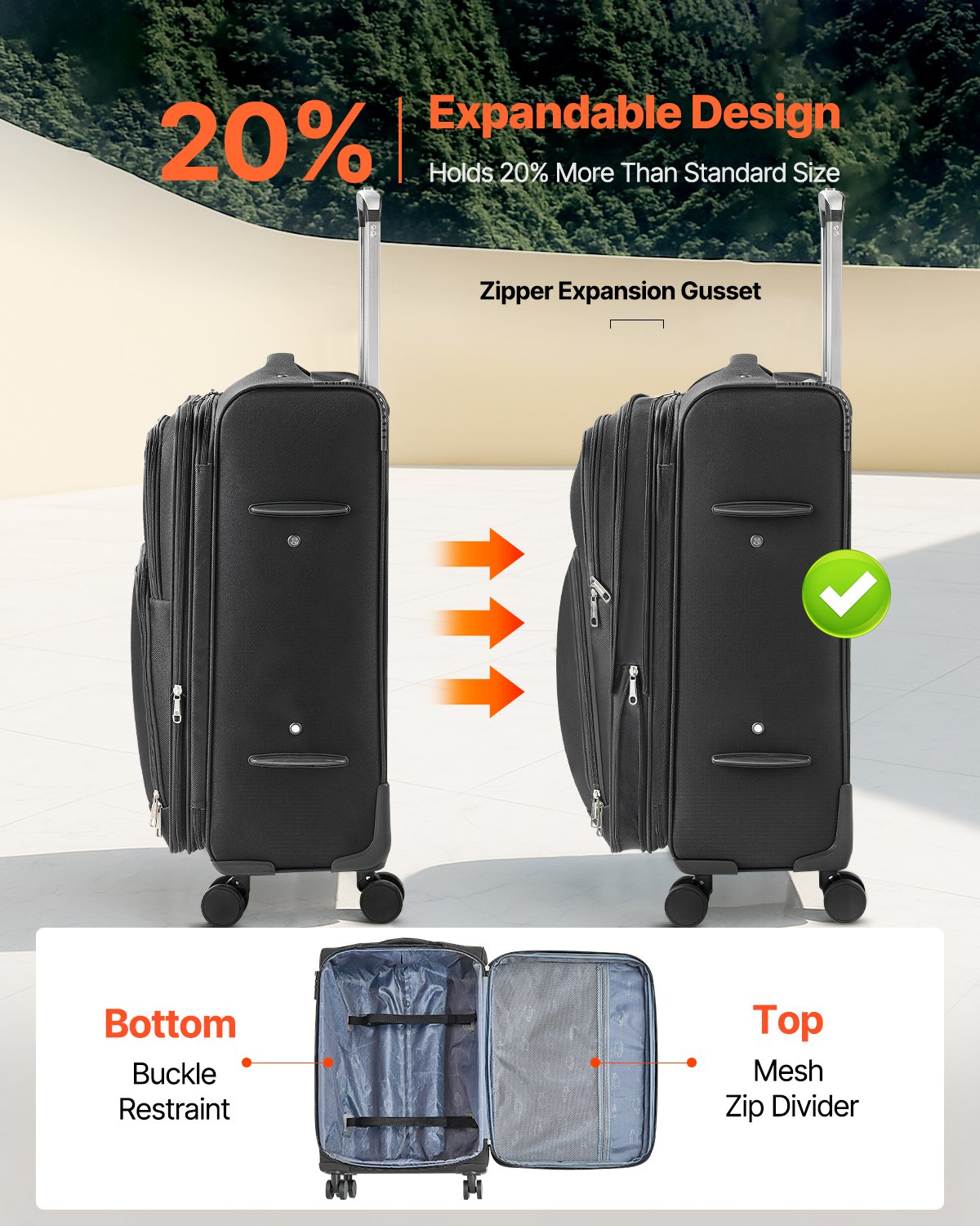VEVOR Softside Expandable Luggage with Spinner Wheels, 61 cm Softside Checked Medium Luggage, Lightweight Checked Suitcase with Expandable Zippered Pocket and TSA Lock, Black