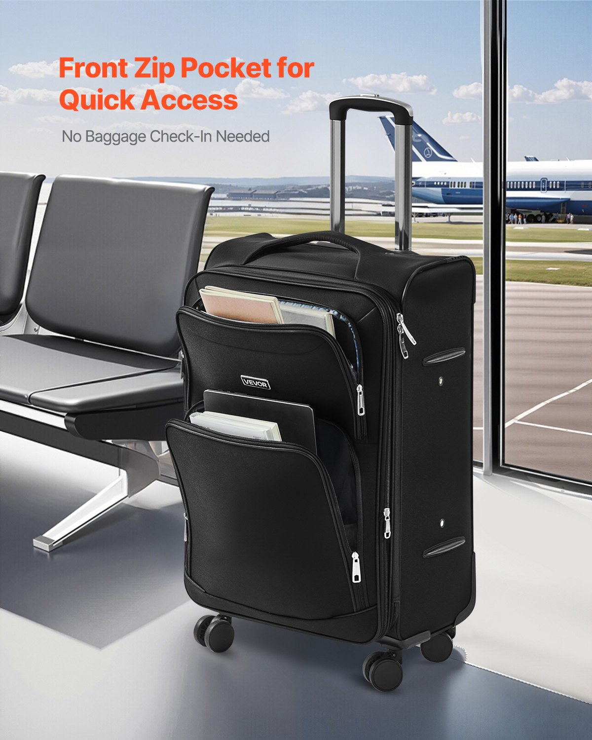 VEVOR Softside Expandable Luggage with Spinner Wheels, 61 cm Softside Checked Medium Luggage, Lightweight Checked Suitcase with Expandable Zippered Pocket and TSA Lock, Black