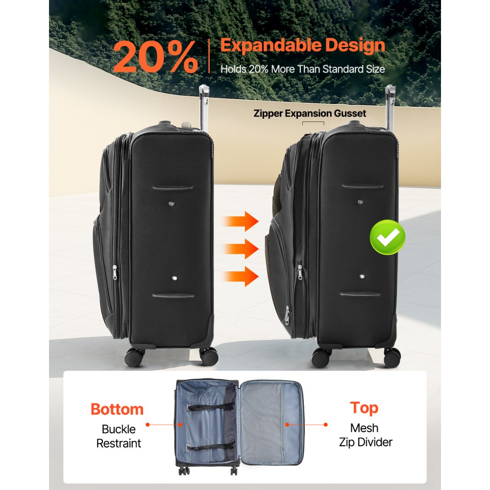 VEVOR Softside Expandable Luggage with Spinner Wheels, 71 cm Softside Checked Large Luggage, Lightweight Checked Suitcase with Expandable Zippered Pocket and TSA Lock, Black