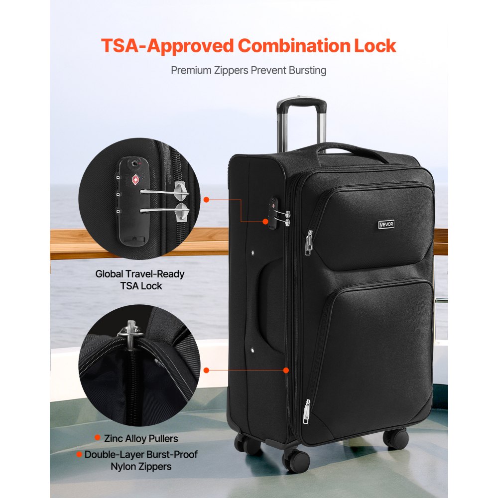 VEVOR Softside Expandable Luggage with Spinner Wheels, 71 cm Softside Checked Large Luggage, Lightweight Checked Suitcase with Expandable Zippered Pocket and TSA Lock, Black