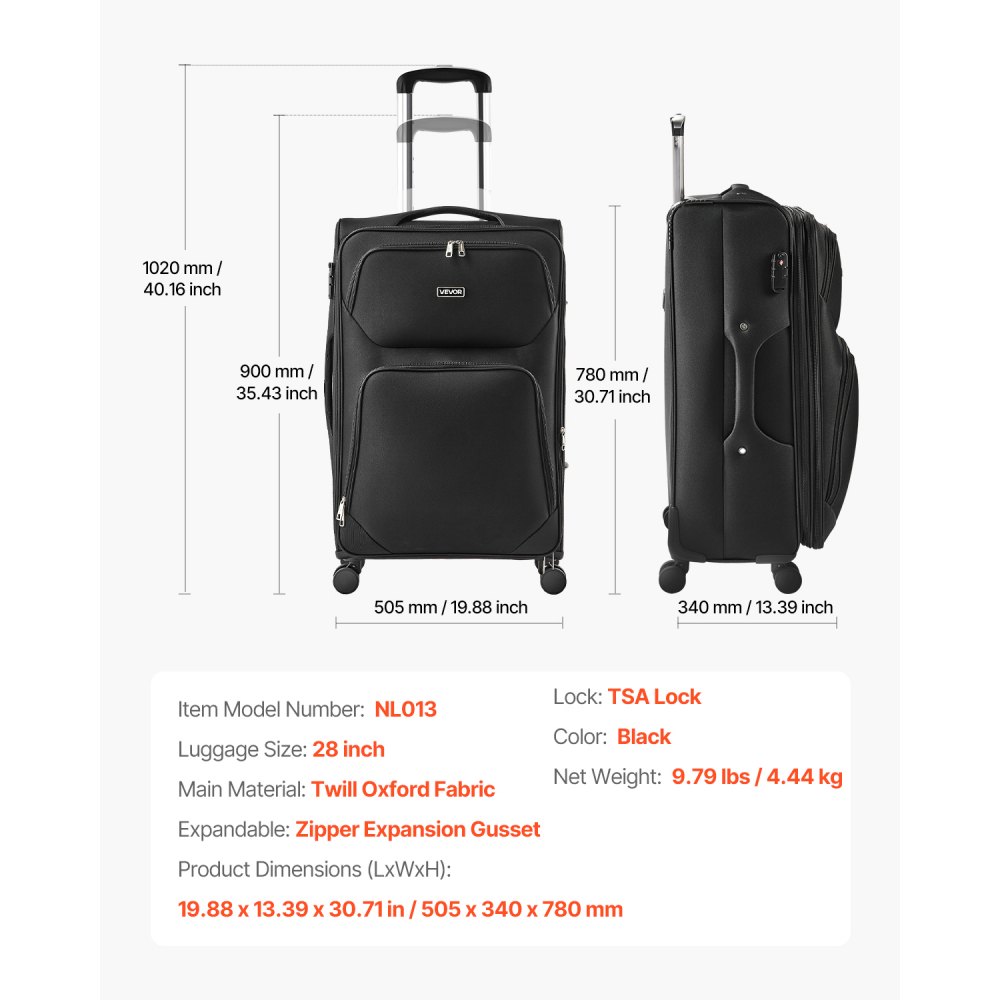 VEVOR Softside Expandable Luggage with Spinner Wheels, 71 cm Softside Checked Large Luggage, Lightweight Checked Suitcase with Expandable Zippered Pocket and TSA Lock, Black