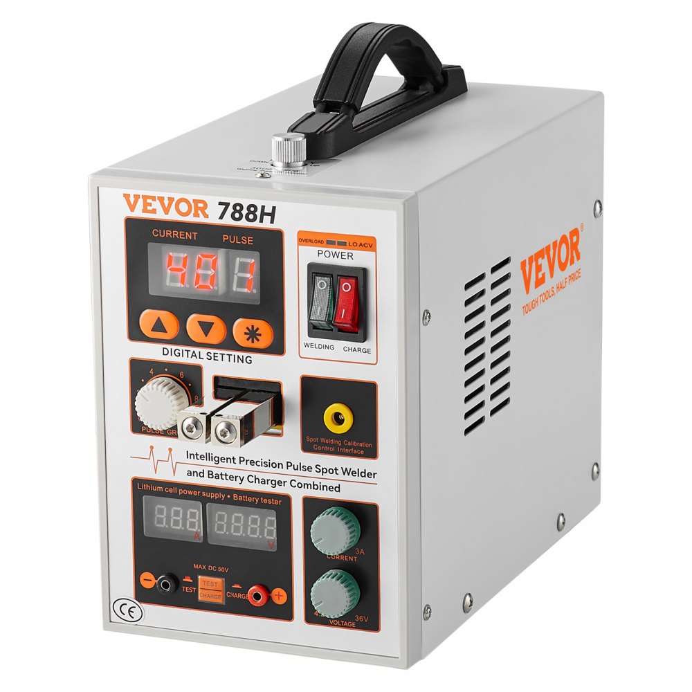 VEVOR 788h battery spot welder with digital display, power switches, and adjustment knobs.