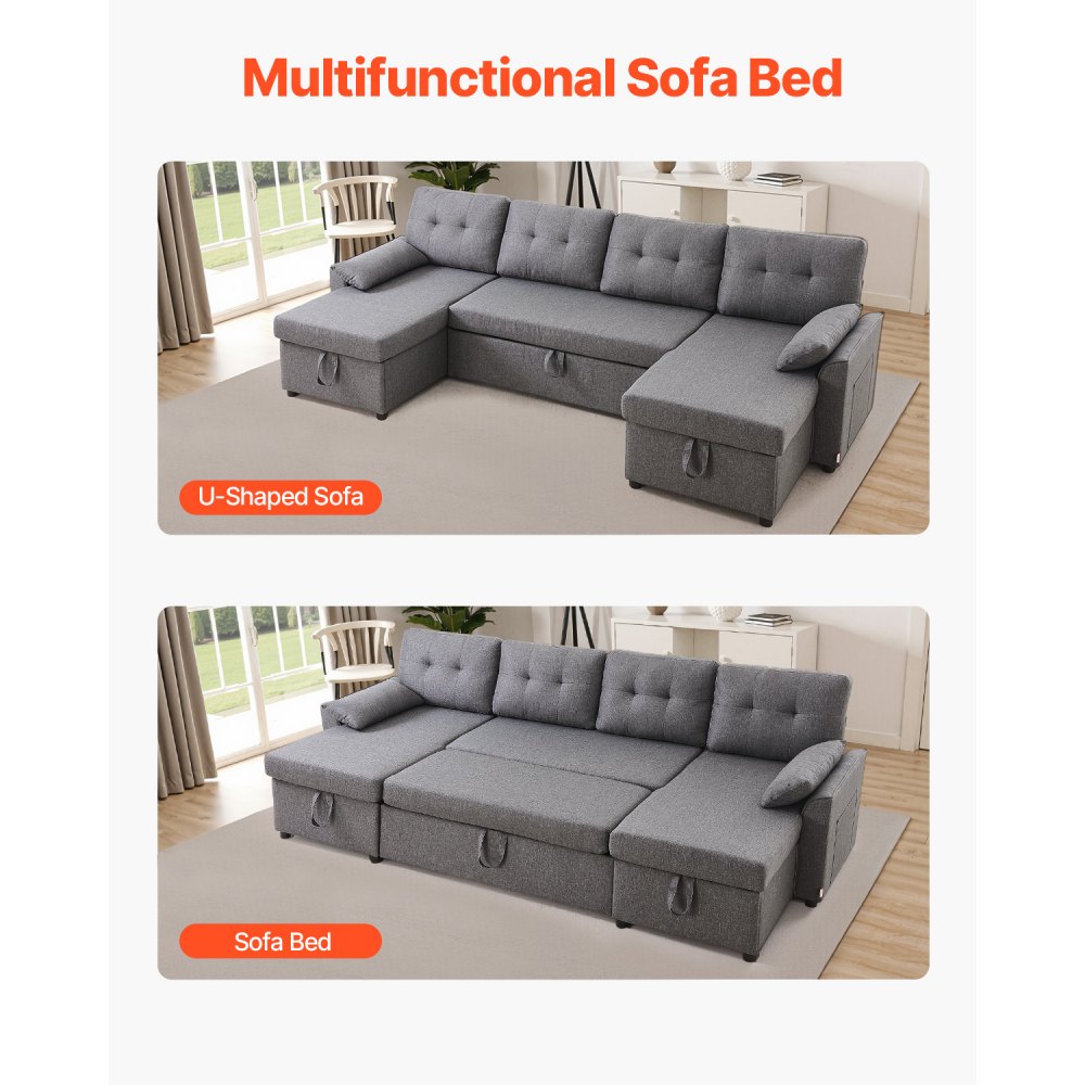 VEVOR U Shaped Sofa Bed, Convertible Sofa Bed with 2 Side Pockets, 2 Pillows and Double Chaise, 6-Seat Pull Out Sleeper Couch with Large Storage Capacity for Living Room, Apartment, Metal Frame, Gray