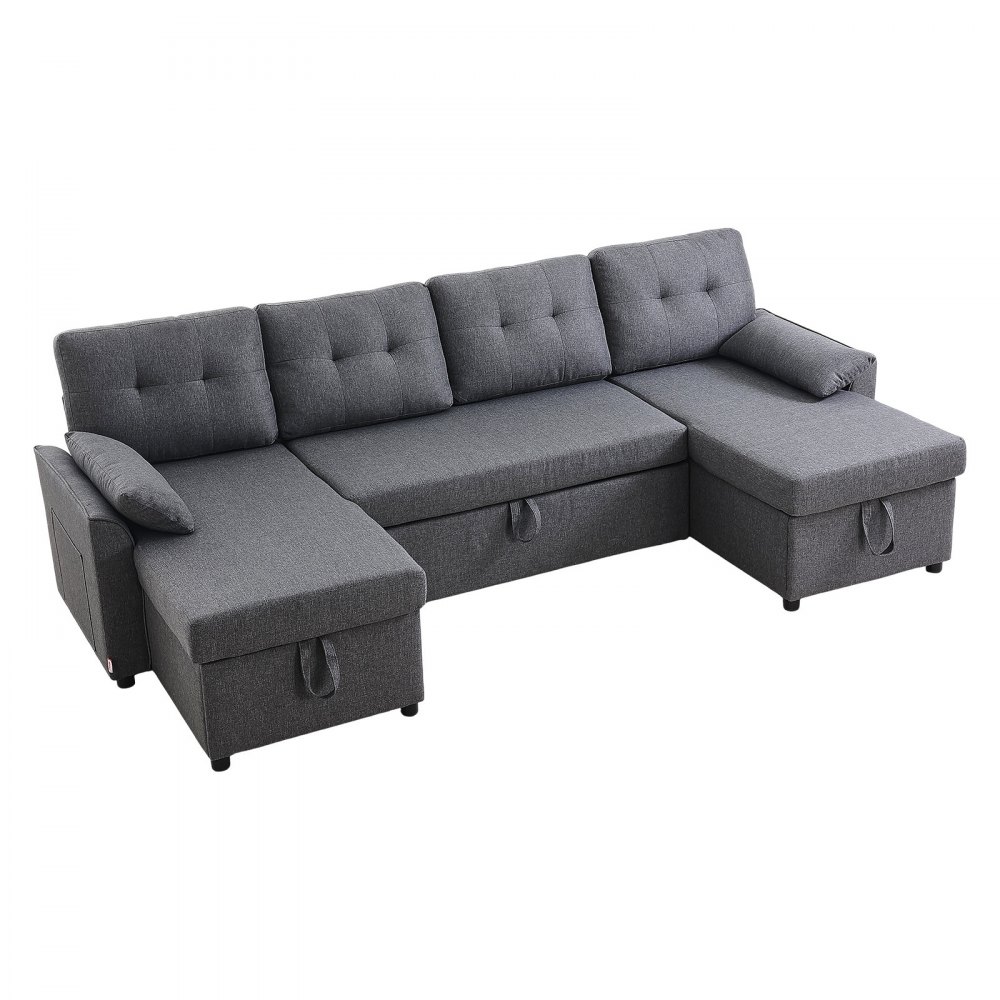 VEVOR U Shaped Sofa Bed, Convertible Sofa Bed with 2 Side Pockets, 2 Pillows and Double Chaise, 6-Seat Pull Out Sleeper Couch with Large Storage Capacity for Living Room, Apartment, Metal Frame, Gray