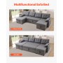 VEVOR U Shaped Sofa Bed, Convertible Sofa Bed with 2 Side Pockets, 2 Pillows and Double Chaise, 6-Seat Pull Out Sleeper Couch with Large Storage Capacity for Living Room, Apartment, Metal Frame, Gray
