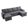 VEVOR U-formad bäddsoffa, bäddsoffa med 2 sidofack, 2 kuddar och dubbel schäslong, utdragbar bäddsoffa med 6 platser och stor förvaringskapacitet för vardagsrum, lägenhet, metallram, grå