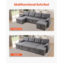 VEVOR U Shaped Sofa Bed, Convertible Sofa Bed with 2 Side Pockets, 2 Pillows and Double Chaise, 6-Seat Pull Out Sleeper Couch with Large Storage Capacity for Living Room, Apartment, Metal Frame, Gray