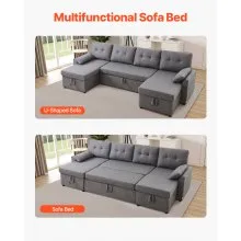 VEVOR U Shaped Sofa Bed, Convertible Sofa Bed with 2 Side Pockets, 2 Pillows and Double Chaise, 6-Seat Pull Out Sleeper Couch with Large Storage Capacity for Living Room, Apartment, Metal Frame, Gray