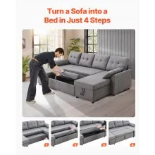 VEVOR U Shaped Sofa Bed, Convertible Sofa Bed with 2 Side Pockets, 2 Pillows and Double Chaise, 6-Seat Pull Out Sleeper Couch with Large Storage Capacity for Living Room, Apartment, Metal Frame, Gray