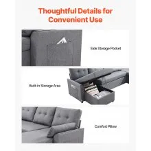 VEVOR U Shaped Sofa Bed, Convertible Sofa Bed with 2 Side Pockets, 2 Pillows and Double Chaise, 6-Seat Pull Out Sleeper Couch with Large Storage Capacity for Living Room, Apartment, Metal Frame, Gray