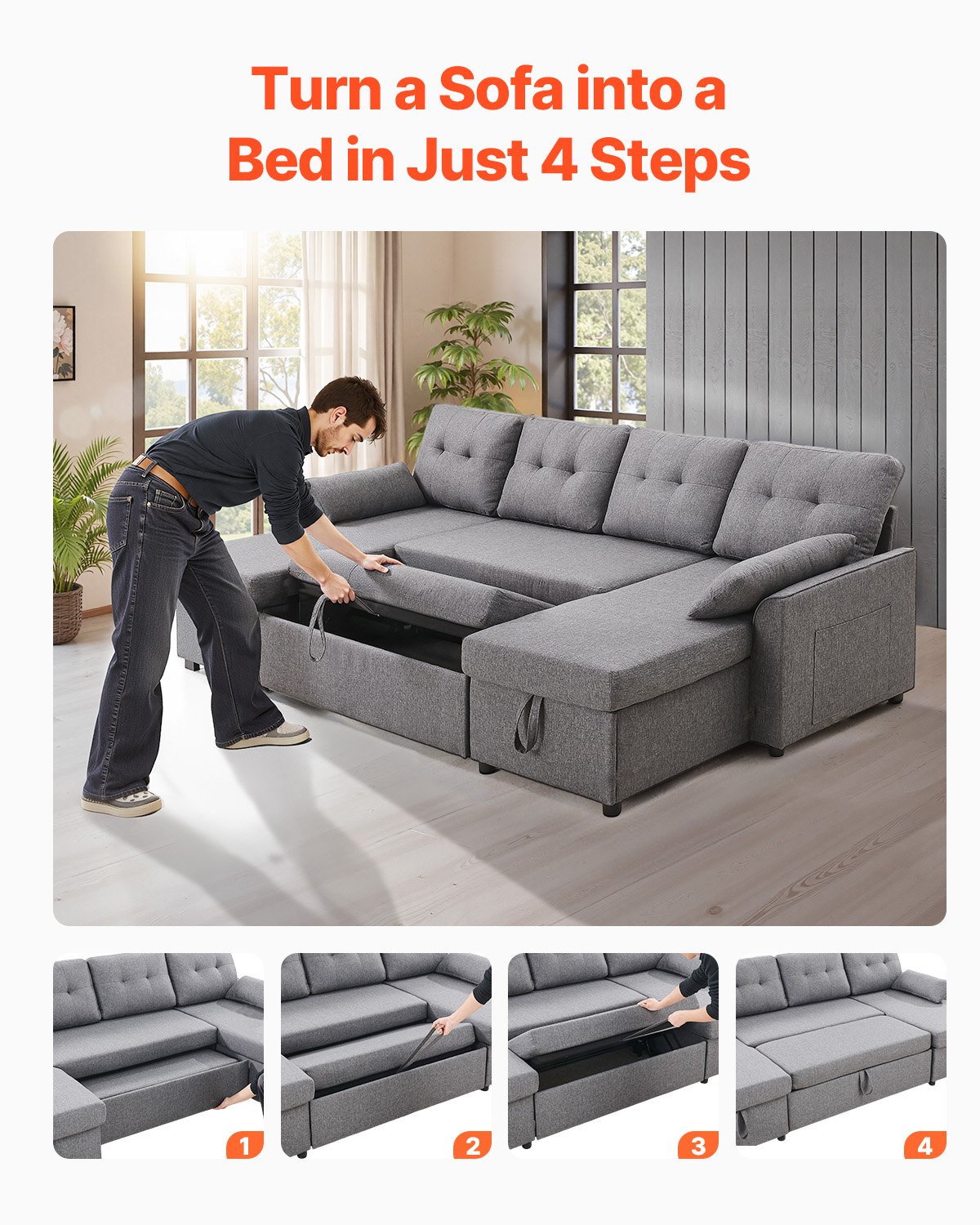VEVOR U Shaped Sofa Bed, Convertible Sofa Bed with 2 Side Pockets, 2 Pillows and Double Chaise, 6-Seat Pull Out Sleeper Couch with Large Storage Capacity for Living Room, Apartment, Metal Frame, Gray