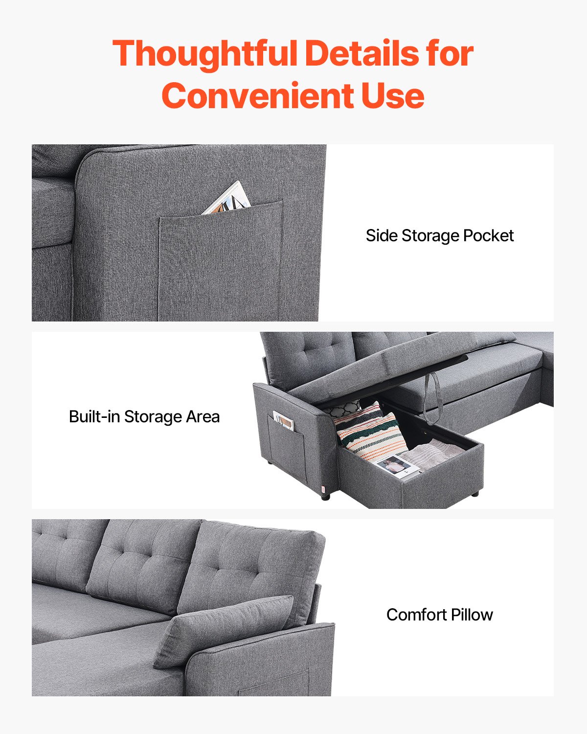 VEVOR U Shaped Sofa Bed, Convertible Sofa Bed with 2 Side Pockets, 2 Pillows and Double Chaise, 6-Seat Pull Out Sleeper Couch with Large Storage Capacity for Living Room, Apartment, Metal Frame, Gray