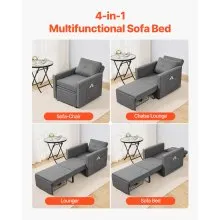 VEVOR Sleeper Sofa Bed, Convertible Sleeper Bed with Side Pocket, Pillow, Armrest and Desk Board, 5 Adjustable Angles Backrest, Single Pull Out Sofa Couch with 2 Wheels and Bottom Storage, Gray