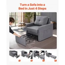 VEVOR Sleeper Sofa Bed, Convertible Sleeper Bed with Side Pocket, Pillow, Armrest and Desk Board, 5 Adjustable Angles Backrest, Single Pull Out Sofa Couch with 2 Wheels and Bottom Storage, Gray