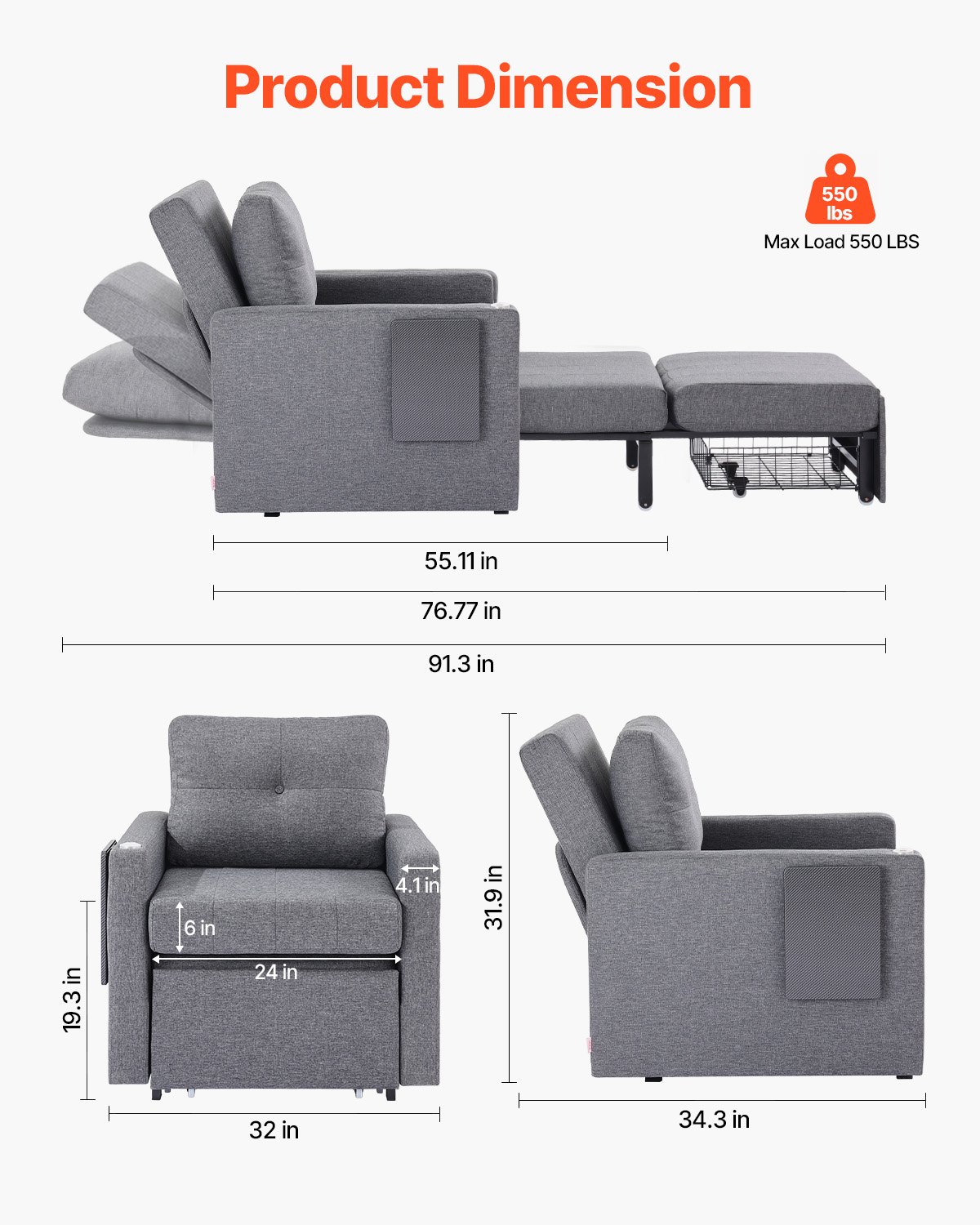 VEVOR Sleeper Sofa Bed, Convertible Sleeper Bed with Side Pocket, Pillow, Armrest and Desk Board, 5 Adjustable Angles Backrest, Single Pull Out Sofa Couch with 2 Wheels and Bottom Storage, Gray