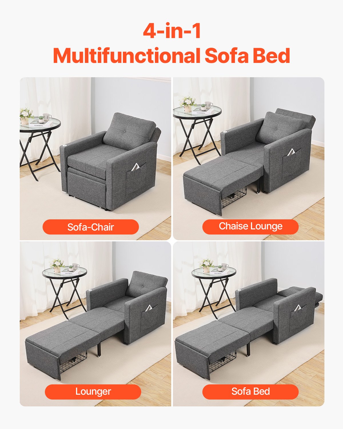 VEVOR Sleeper Sofa Bed, Convertible Sleeper Bed with Side Pocket, Pillow, Armrest and Desk Board, 5 Adjustable Angles Backrest, Single Pull Out Sofa Couch with 2 Wheels and Bottom Storage, Gray