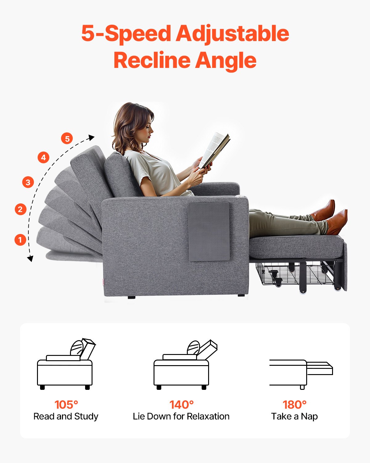 VEVOR Sleeper Sofa Bed, Convertible Sleeper Bed with Side Pocket, Pillow, Armrest and Desk Board, 5 Adjustable Angles Backrest, Single Pull Out Sofa Couch with 2 Wheels and Bottom Storage, Gray