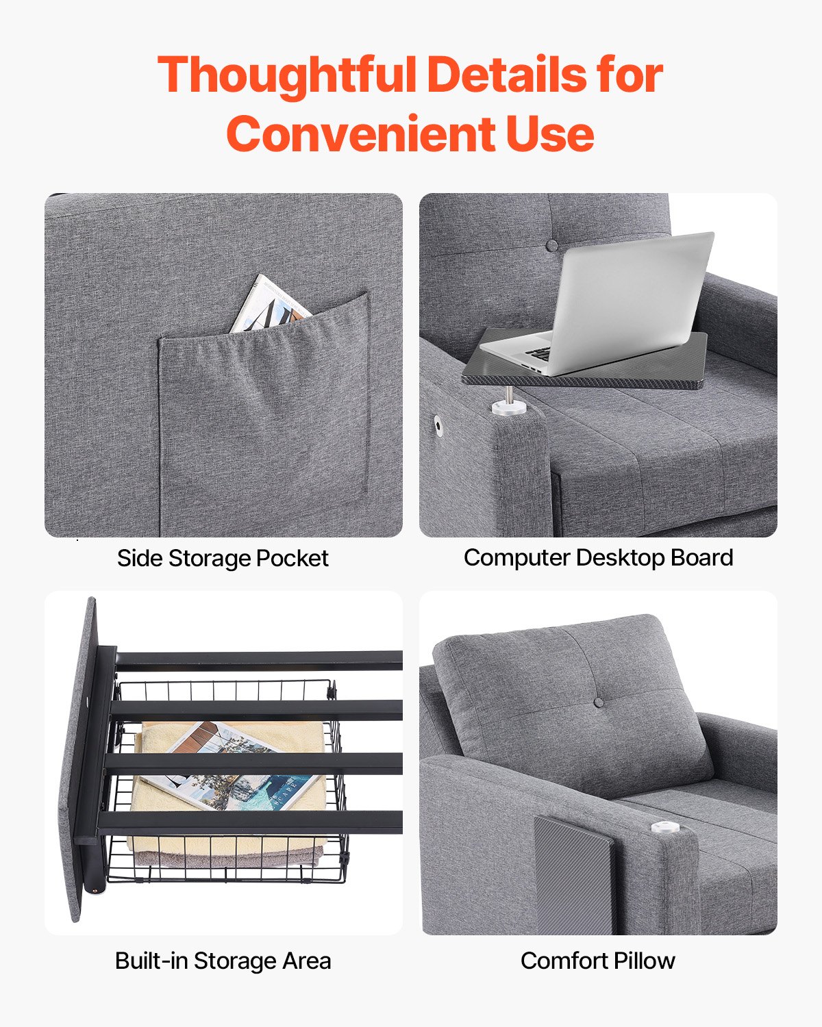 VEVOR Sleeper Sofa Bed, Convertible Sleeper Bed with Side Pocket, Pillow, Armrest and Desk Board, 5 Adjustable Angles Backrest, Single Pull Out Sofa Couch with 2 Wheels and Bottom Storage, Gray