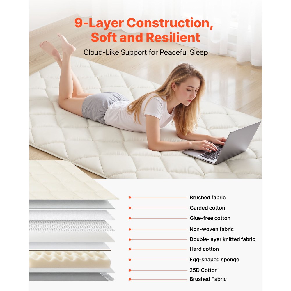 VEVOR Japanese Tatami Mat, Twin Size Foldable Japanese Tatami Mattress, Futon Mattress with Storage Bag & Fastener, 9-Layer Floor Mat for Sleeping, Dorm, Meditation, Yoga, 2032 x 991 x 63.5 mm, White