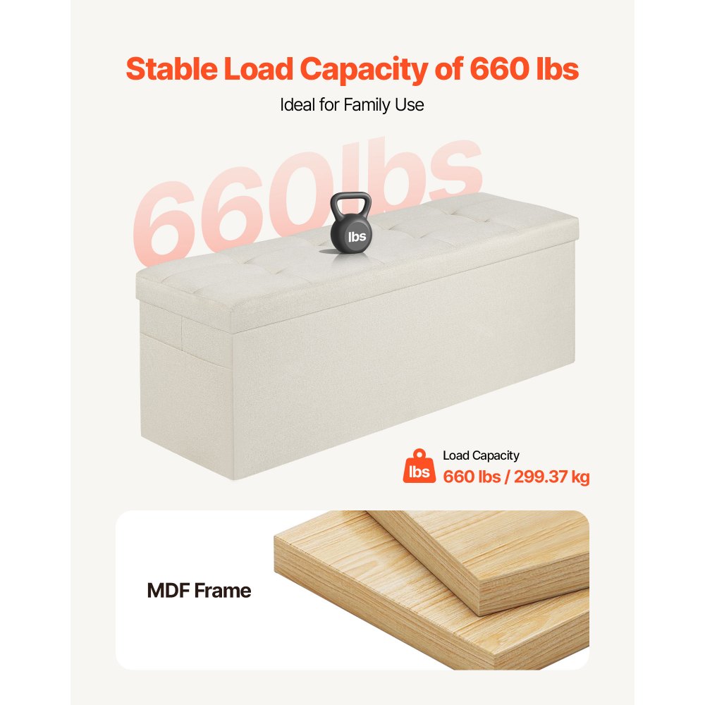 VEVOR Foldable Storage Ottoman Bench, End of Bed Bench with Side Bags, Folding Upholstered Storage Chest Supports 660 lbs, Linen Bed Ottoman with Large Space for Living Room, Bedroom, Entryway, Beige