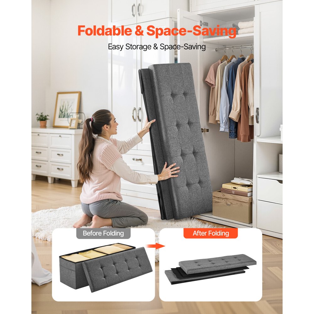 VEVOR Foldable Storage Ottoman Bench, End of Bed Bench with Side Bags, Folding Upholstered Storage Chest Supports 660 lbs, Linen Bed Ottoman with Large Space for Living Room, Bedroom, Entryway, Grey