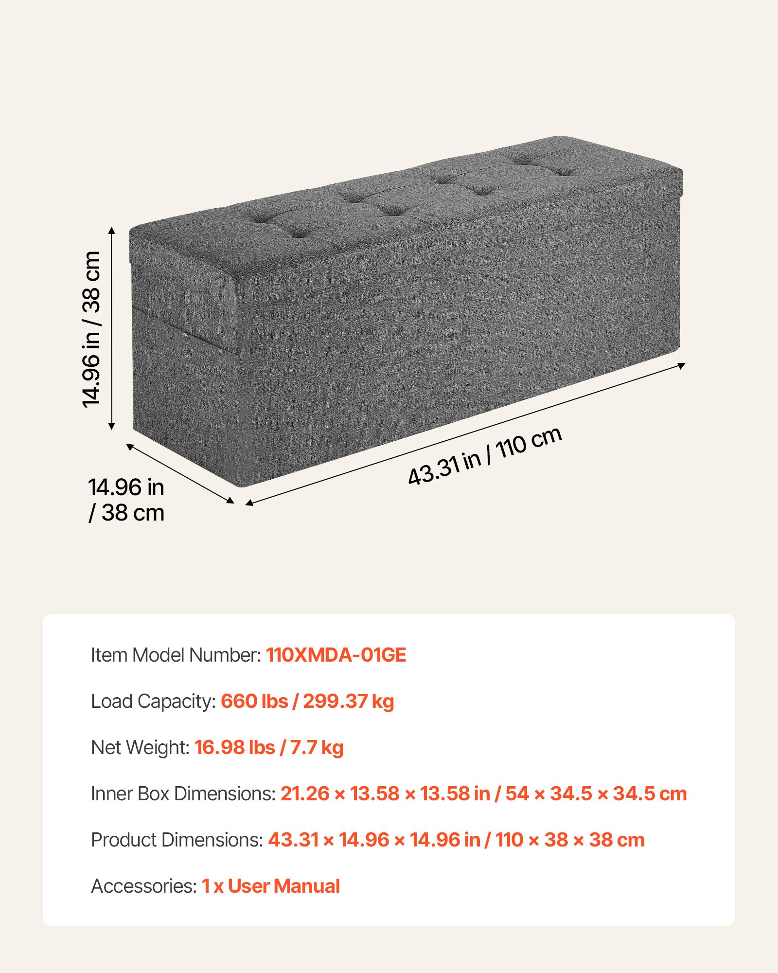 VEVOR Foldable Storage Ottoman Bench, End of Bed Bench with Side Bags, Folding Upholstered Storage Chest Supports 660 lbs, Linen Bed Ottoman with Large Space for Living Room, Bedroom, Entryway, Grey