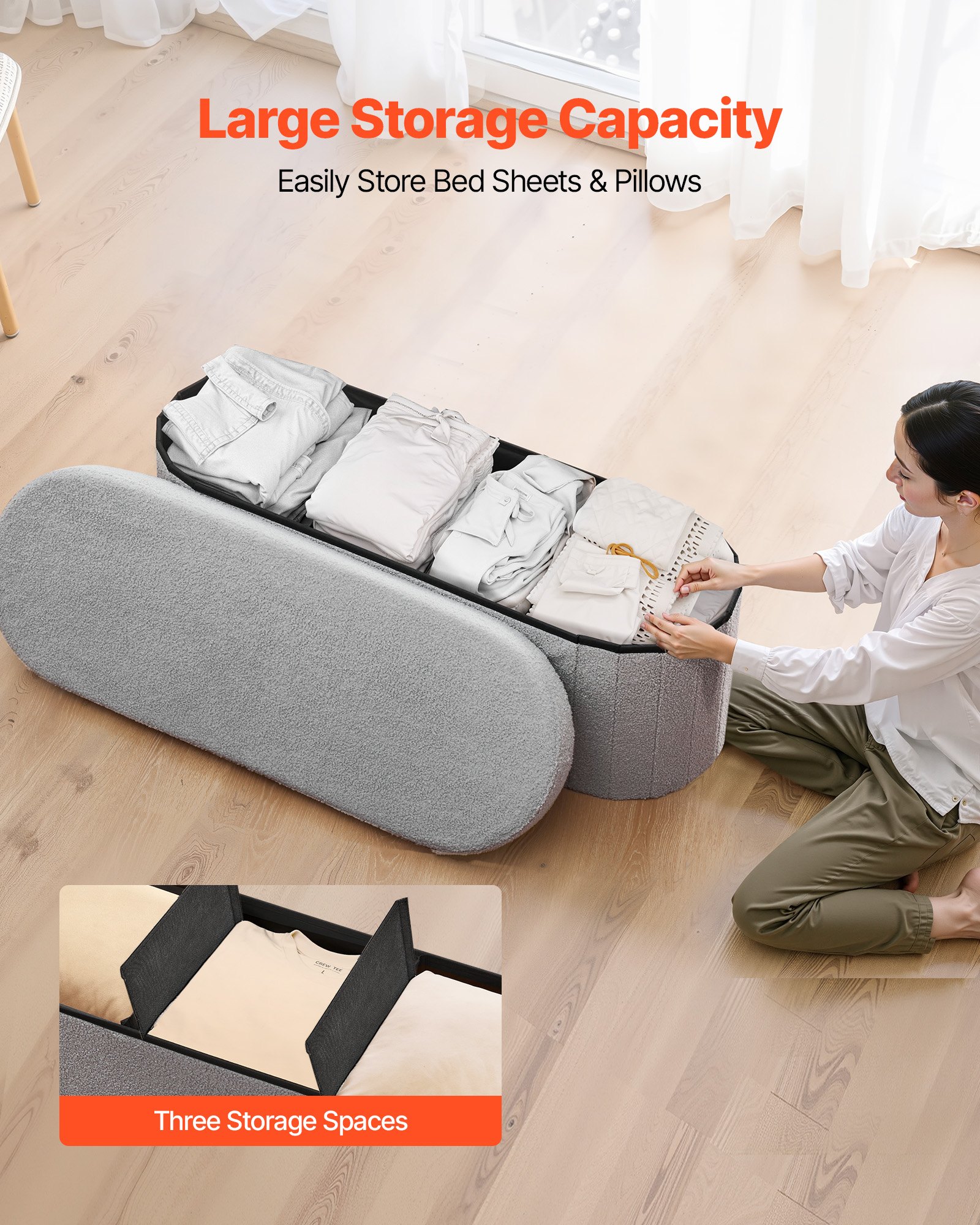 VEVOR Oval Storage Ottoman Bench, Foldable Teddy Fleece End of Bed Bench, Folding Upholstered Bed Ottoman Chest with Large Storage Space, Supports 660 lbs, for Living Room, Bedroom, Entryway, Grey