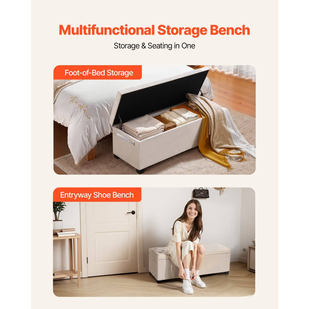 VEVOR Storage Ottoman Bench, Button-Tufted End of Bed Bench with Side Bags, Flip-up Upholstered Storage Chest with Metal Frame, Linen Bed Ottoman for Living Room, Bedroom, Entryway, Office, Beige