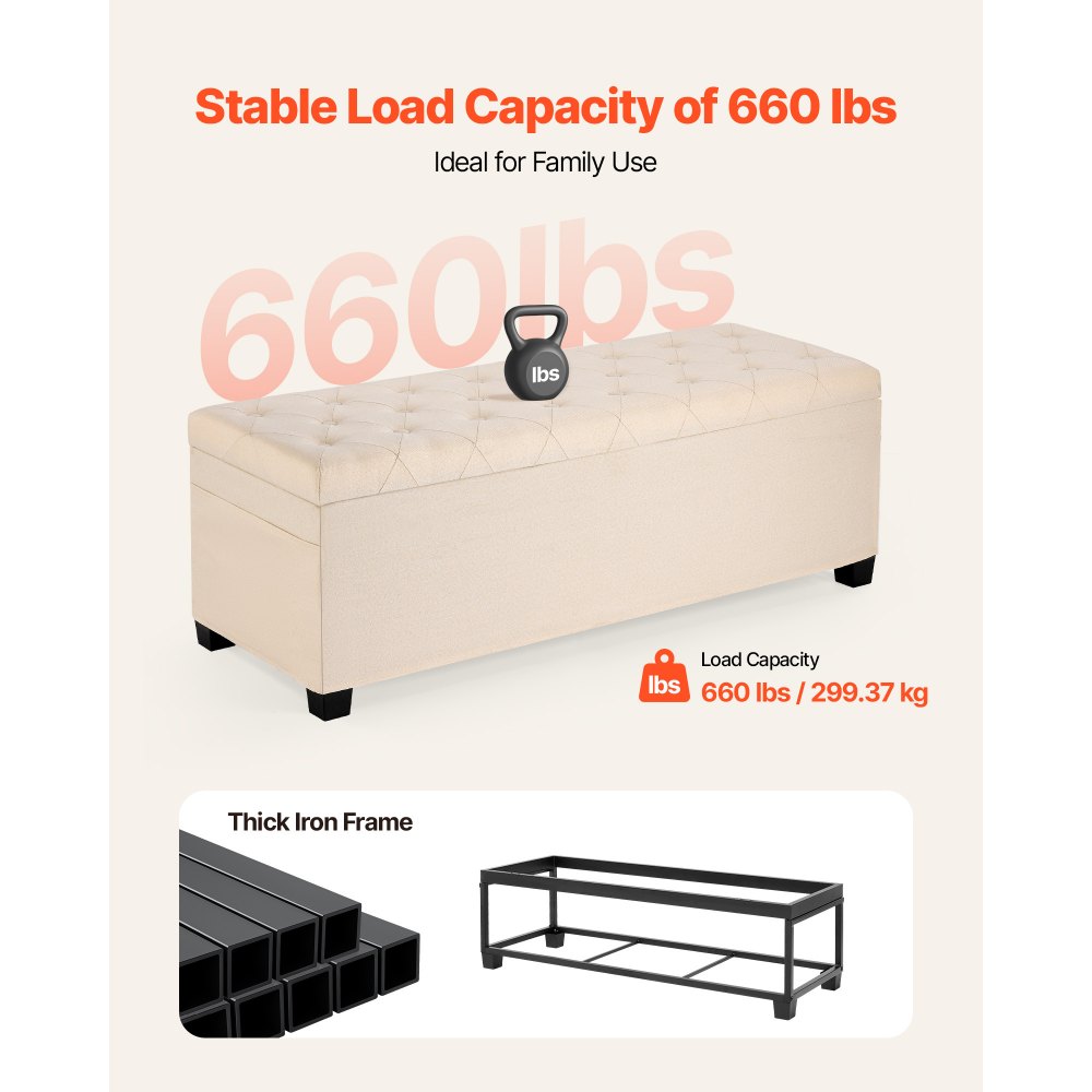 VEVOR Storage Ottoman Bench, Button-Tufted End of Bed Bench with Side Bags, Flip-up Upholstered Storage Chest with Metal Frame, Linen Bed Ottoman for Living Room, Bedroom, Entryway, Office, Beige