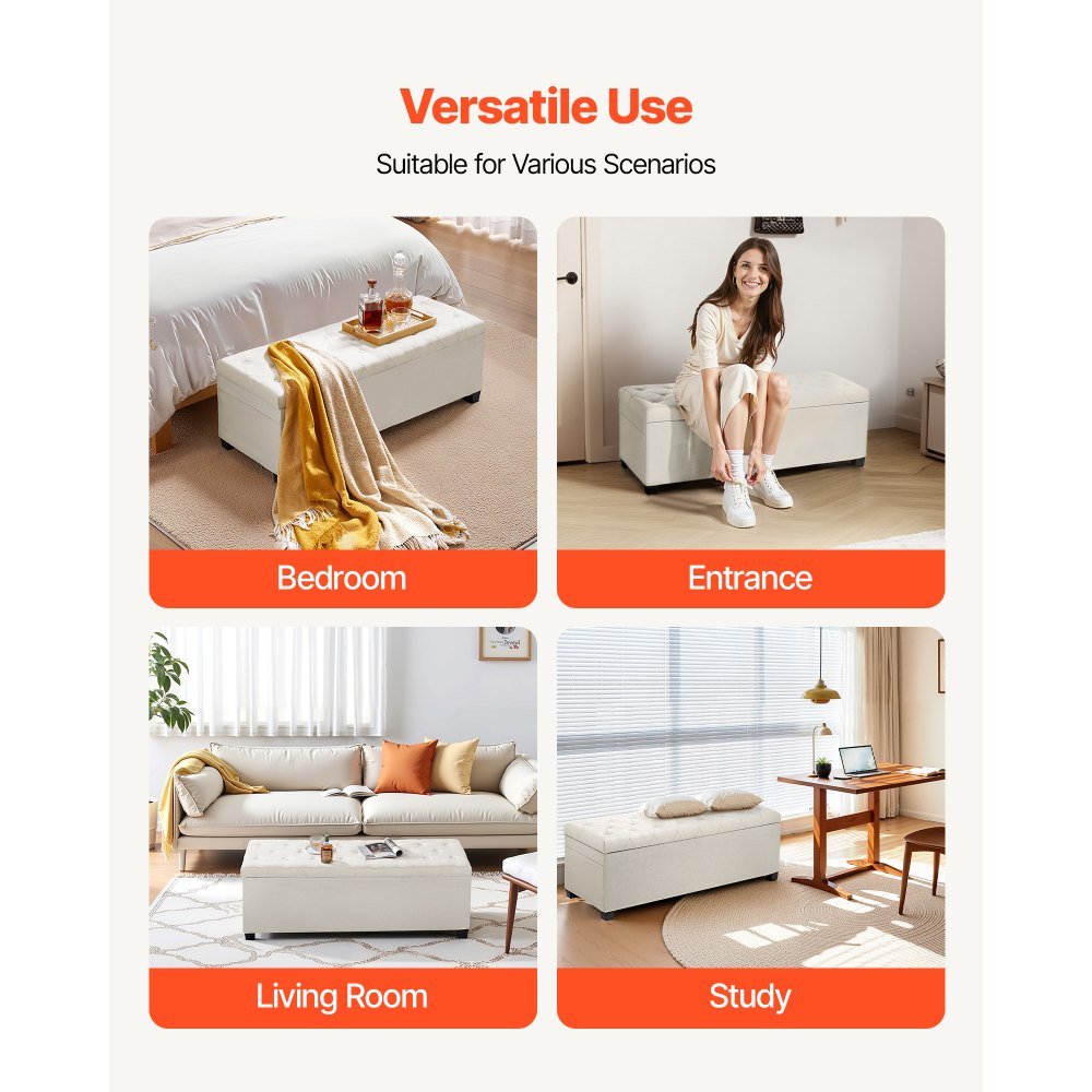 VEVOR Storage Ottoman Bench, Button-Tufted End of Bed Bench with Side Bags, Flip-up Upholstered Storage Chest with Metal Frame, Linen Bed Ottoman for Living Room, Bedroom, Entryway, Office, Beige