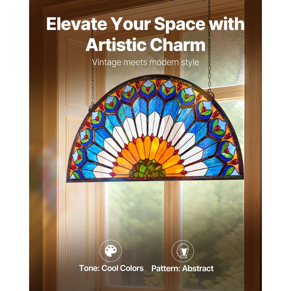 VEVOR Stained Glass Window Panel, 36 x 18 in, Tiffany Style Hanging Transom Window Panel with Chain, Large Half-Round Stain Glass Hanging, Vintage Traditional Art Handcrafts for Kitchen Home Decor