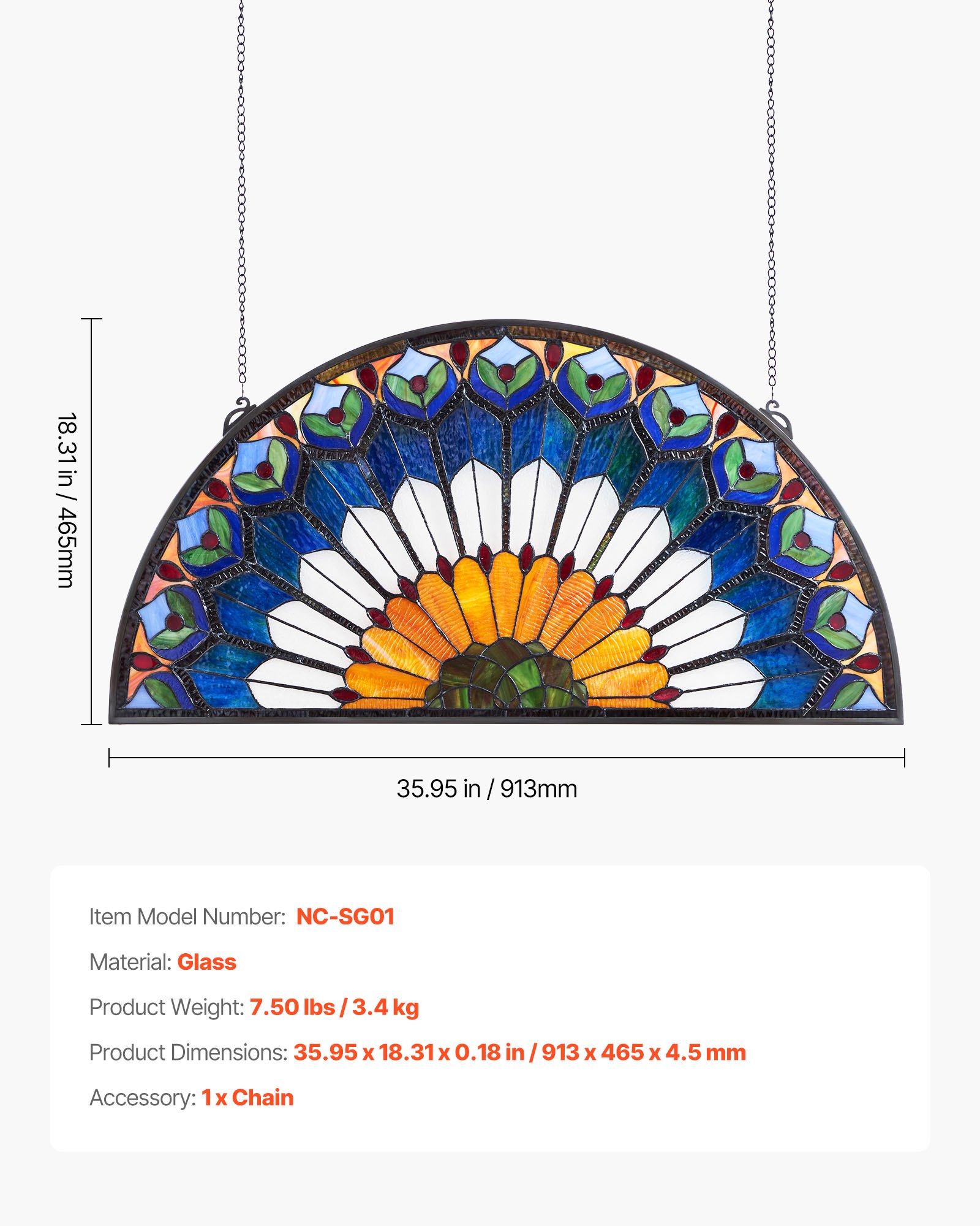 VEVOR Stained Glass Window Panel, 36 x 18 in, Tiffany Style Hanging Transom Window Panel with Chain, Large Half-Round Stain Glass Hanging, Vintage Traditional Art Handcrafts for Kitchen Home Decor