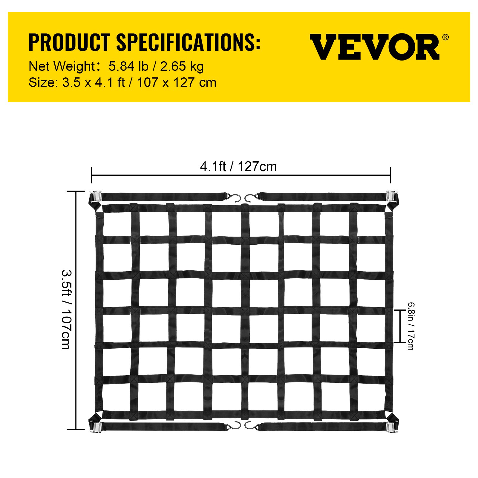 VEVOR 3.5'x 4.1' Cargo Net Capacity 1100LBS Truck Bed Cargo Net Heavy Duty Cargo Nets for Pickup Trucks with S-Hooks