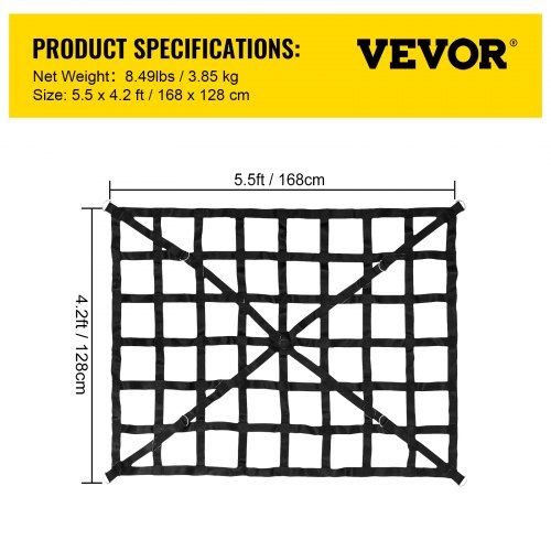 VEVOR Cargo Net, 4.2\' x 5.5\' Cargo Net for Pickup Truck Bed, Heavy Duty Cargo Nets with Cam Buckles & S-Hooks & Cross Strap, Truck Bed Cargo Net for Trailer SUV Roof Rack (50\" x 66\")